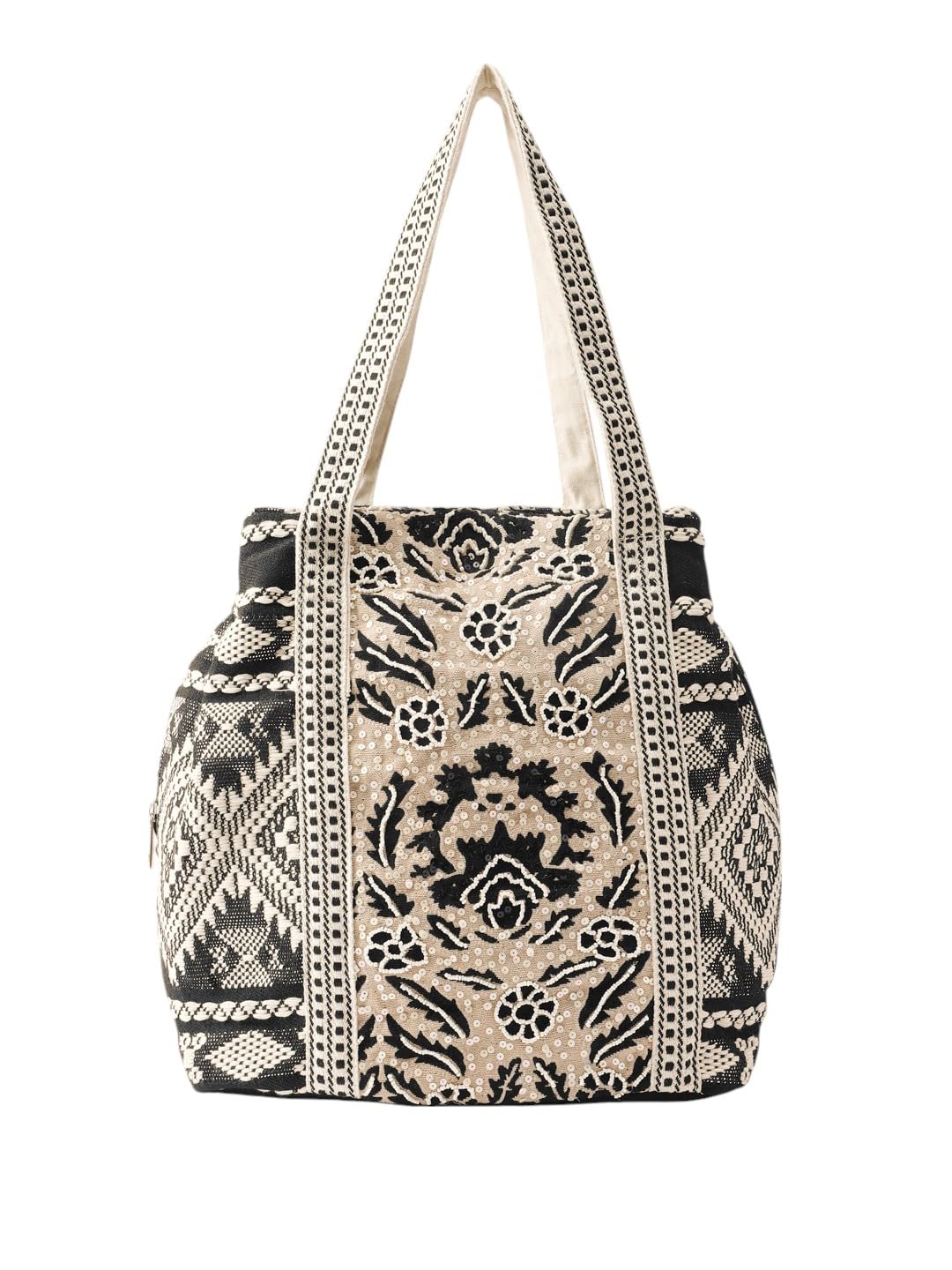 PRIMROSE Floral Pattern Canvas Tote Bag, Beige and Black, Geometric Print Straps