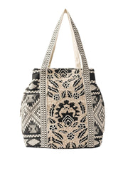 PRIMROSE Floral Pattern Canvas Tote Bag, Beige and Black, Geometric Print Straps