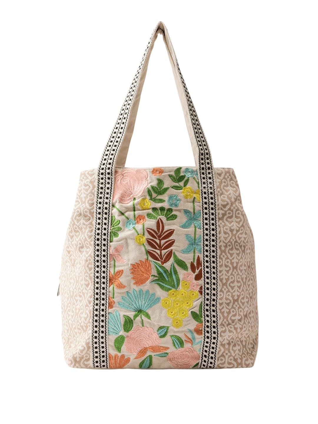 PRIMROSE Floral Embroidered Canvas Tote Bag, Beige with Lace Trim, Multi-Colour Botanical Pattern