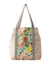 PRIMROSE Floral Embroidered Canvas Tote Bag, Beige with Lace Trim, Multi-Colour Botanical Pattern