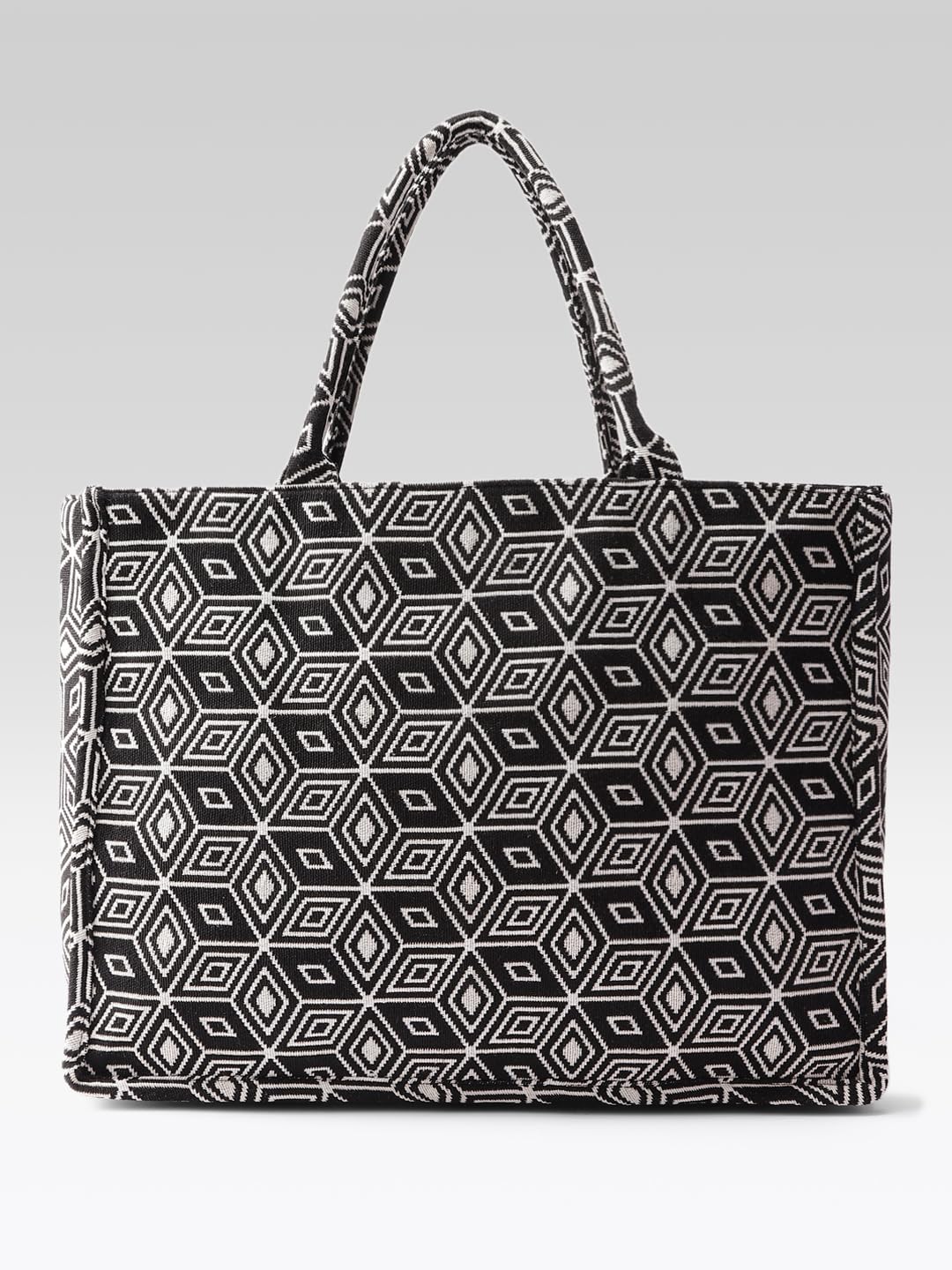 PRIMROSE Geometric Pattern Canvas Tote Bag, Black and White Design, Large Shoulder Handles