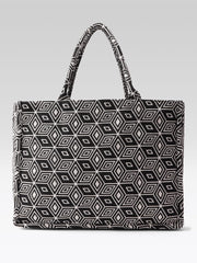PRIMROSE Geometric Pattern Canvas Tote Bag, Black and White Design, Large Shoulder Handles