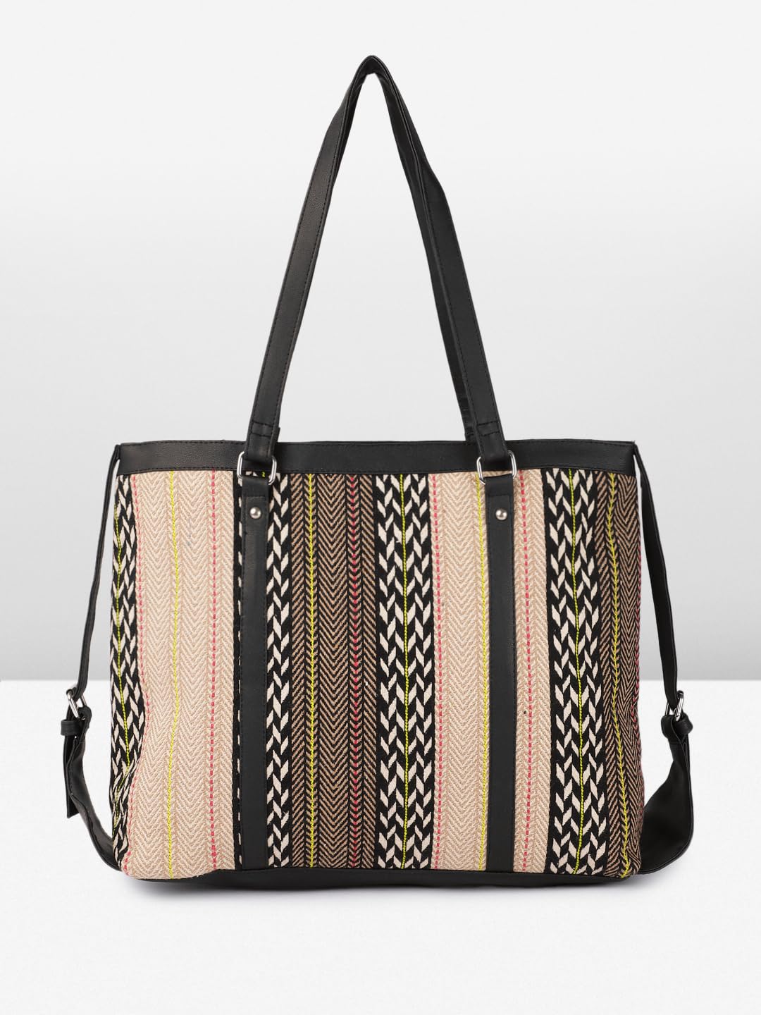 Women's Stylish Tote Bag, Chevron Pattern with Black Trim, Multi-Colour Stripes