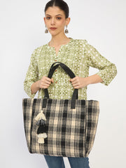 RIMROCK Large Plaid Tote Bag with Tassel Charm, Black and Beige Woven Pattern, Cotton Canvas