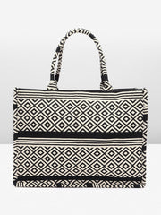 PRIMROSE Black and White Geometric Pattern Canvas Tote Bag for Women