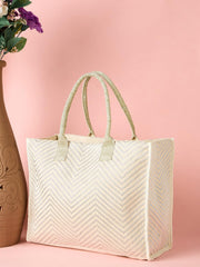 PRIMROSE Canvas Tote Bag with Chevron Pattern, Beige and Silver, Double Handle, Large Casual Shopper