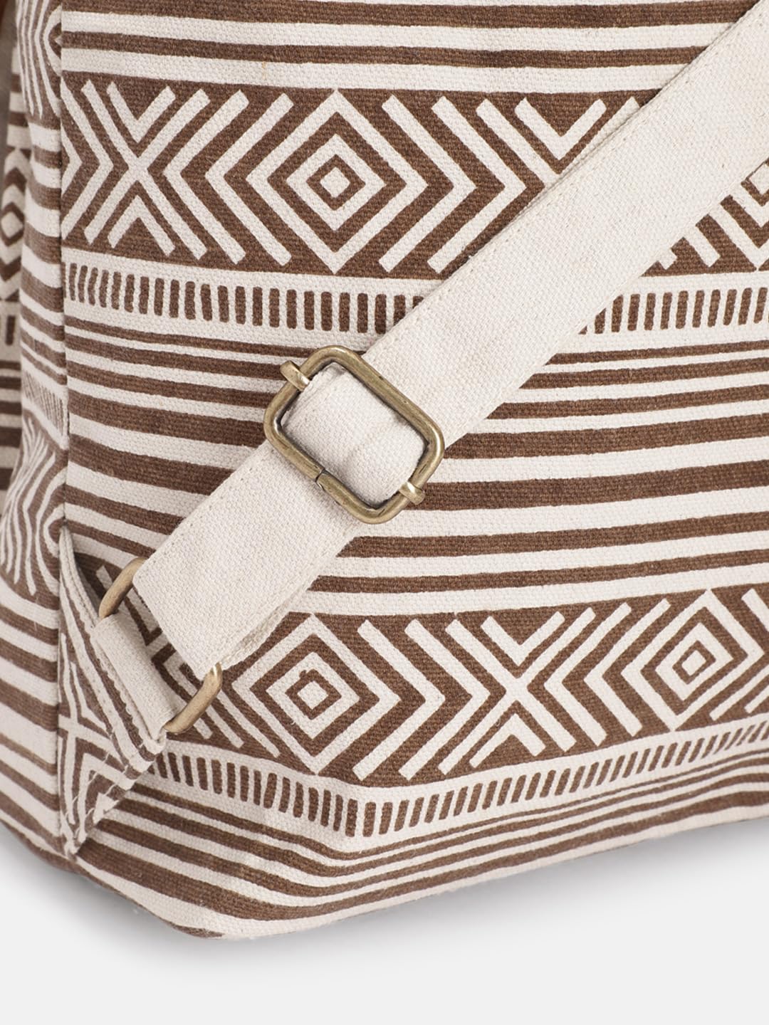 PRIMROSE Boho Canvas Backpack, Beaded Geometric Pattern, Brown and White Striped with Tassels