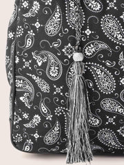 PRIMROSE Printed Black Tote Bag with Tassel