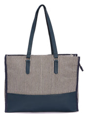 RIMROCK Striped Canvas Tote Bag with Navy Leather Trim, Large Shoulder Straps, Black and White