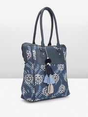 PRIMROSE Women's Navy Blue Floral Pattern Tote Bag with Tassel Charm