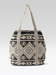 PRIMROSE Floral Pattern Canvas Tote Bag, Beige and Black, Geometric Print Straps