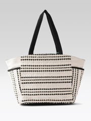 PRIMROSE Woven Beach Tote Bag with Tassel, Black and White Striped Pattern, Turquoise Accent