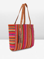 PRIMROSE Striped Woven Tote Bag with Tassel, Multicolour, Brown Handles