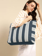 PRIMROSE Large Canvas Tote Bag, Navy Blue and White Striped Pattern, Decorative Tassel, Beach Shopping Handbag