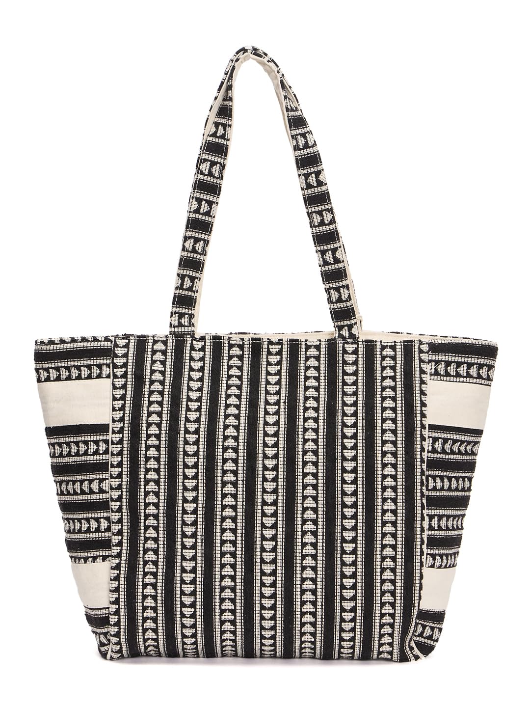 RIMROCK Boho Canvas Tote Bag with Tassel, Black and White Geometric Pattern, Large Shoulder Bag