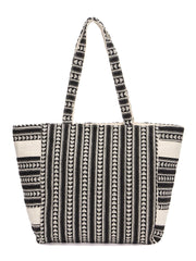 RIMROCK Boho Canvas Tote Bag with Tassel, Black and White Geometric Pattern, Large Shoulder Bag