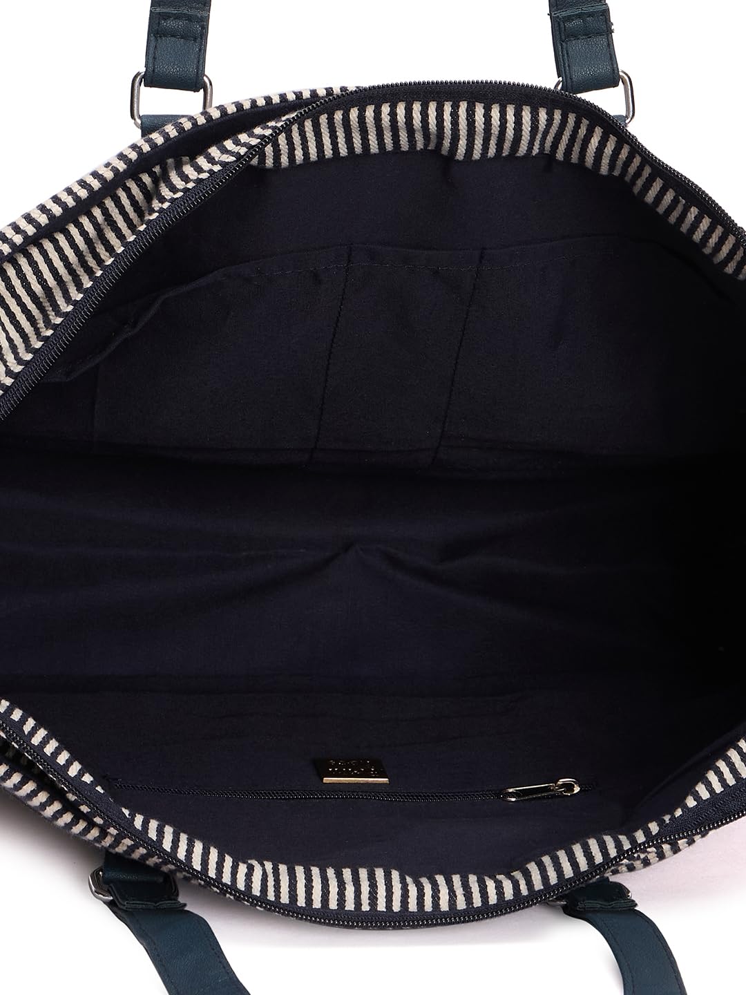 RIMROCK Striped Canvas Tote Bag with Navy Leather Trim, Large Shoulder Straps, Black and White