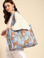 PRIMROSE Large Tropical Tiger Print Canvas Tote Bag, Blue and Orange Floral Pattern, Striped Trim
