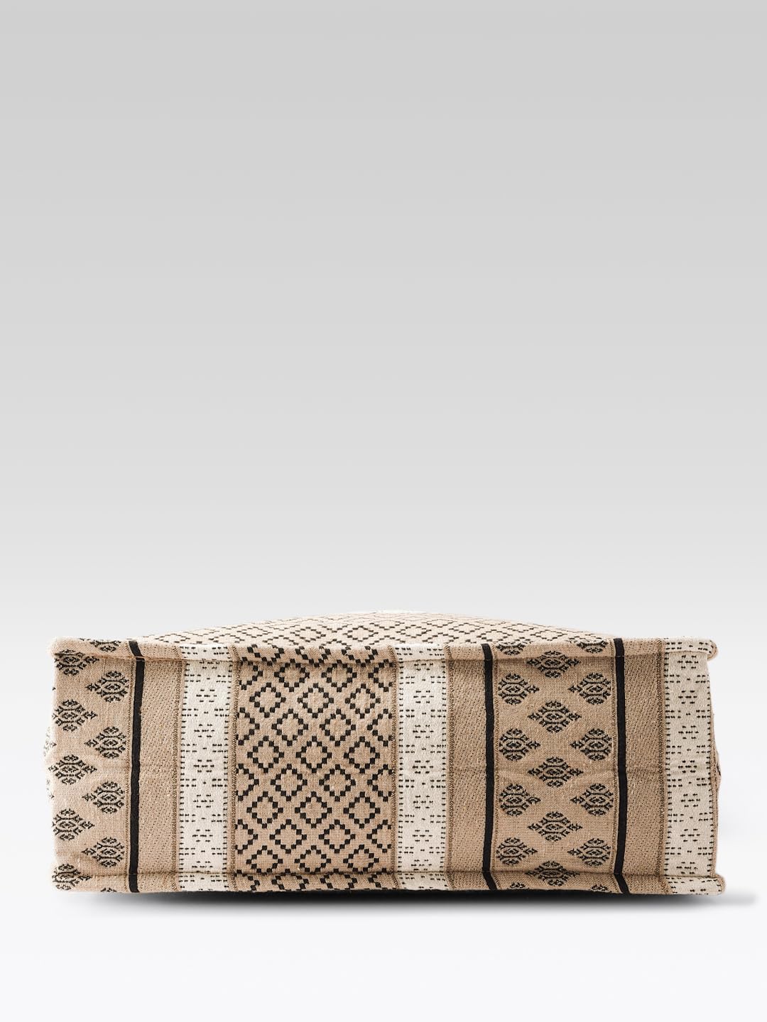 PRIMROSE Boho Canvas Tote Bag, Geometric Pattern, Beige and Black, Large Casual Shopping Handbag