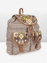 PRIMROSE Boho Canvas Backpack, Beaded Geometric Pattern, Brown and White Striped with Tassels