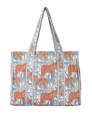 PRIMROSE Large Tropical Tiger Print Canvas Tote Bag, Blue and Orange Floral Pattern, Striped Trim
