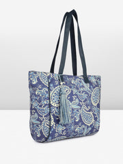 PRIMROSE Paisley Print Canvas Tote Bag with Tassel, Navy Blue and White Pattern, Large Shoulder Straps