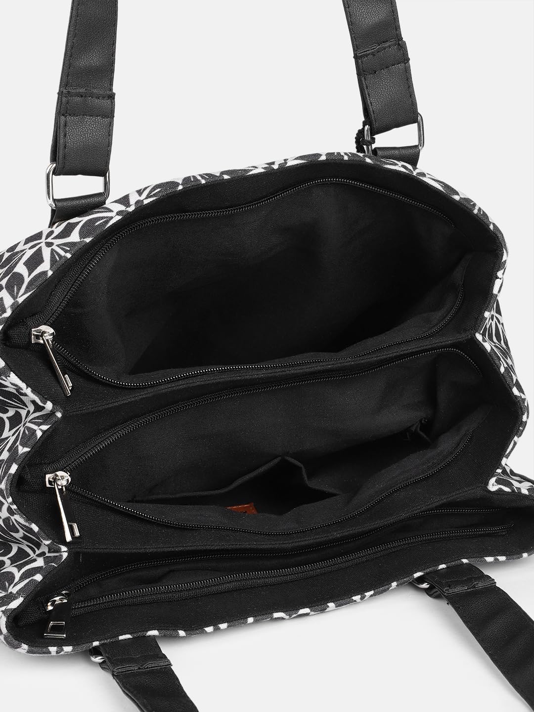 PRIMROSE Floral Pattern Tote Bag with Tassel, Black and White, Double Handle