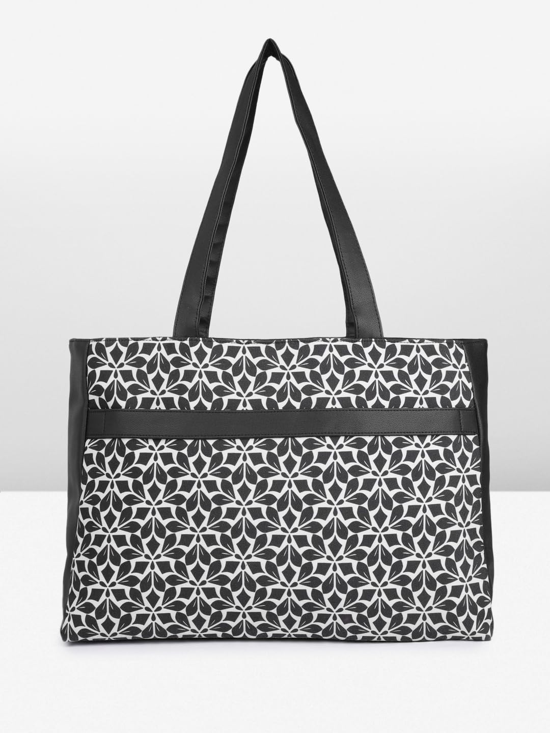 PRIMROSE Floral Pattern Tote Bag with Zip Pocket, Black and White Geometric Design, Large Shoulder Straps