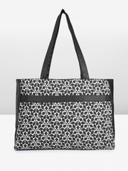 PRIMROSE Floral Pattern Tote Bag with Zip Pocket, Black and White Geometric Design, Large Shoulder Straps