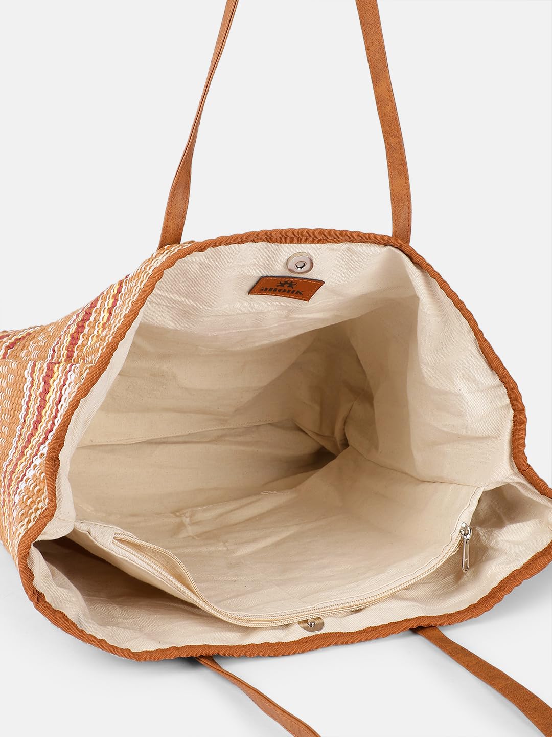 PRIMROSE Woven Straw Beach Tote Bag, Striped Pattern in Tan and Red, Large Casual Summer Handbag with Polyurethane Handles
