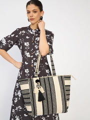 RIMROCK Boho Canvas Tote Bag with Tassel, Black and White Geometric Pattern, Large Shoulder Bag