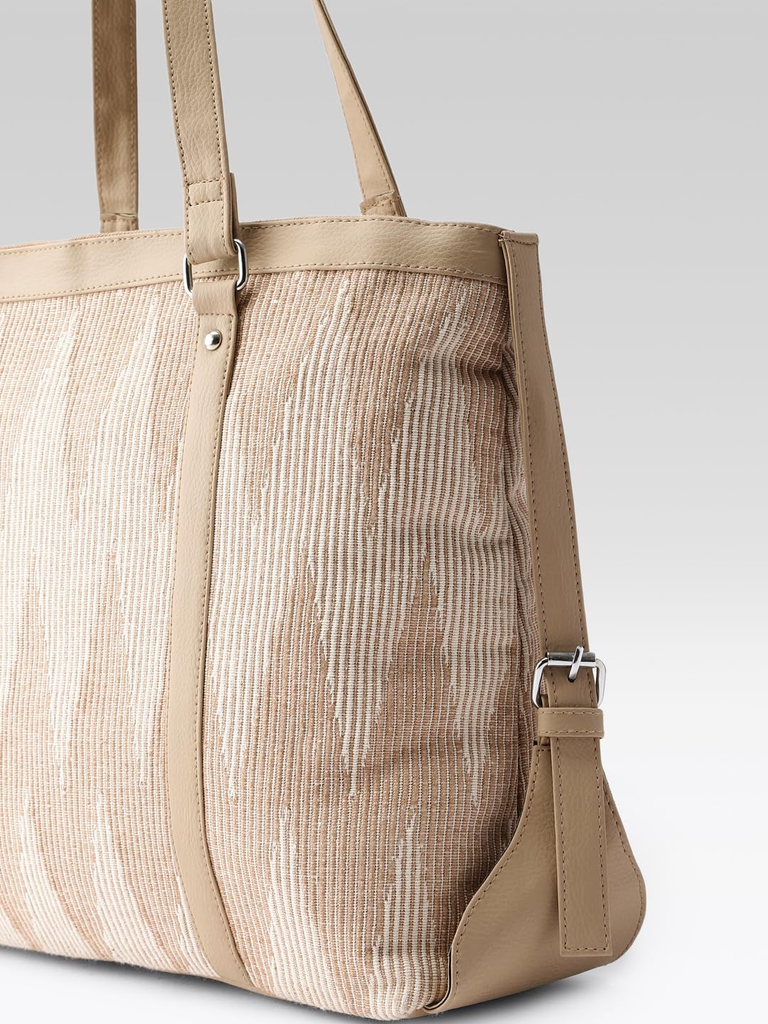 PRIMROSE Large Canvas Tote Bag with Textured Pattern, Double Shoulder Straps, Beige