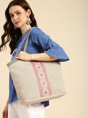 PRIMROSE Woven Beach Tote Bag, Natural Cream with Pink Embroidery, Black Striped Handles