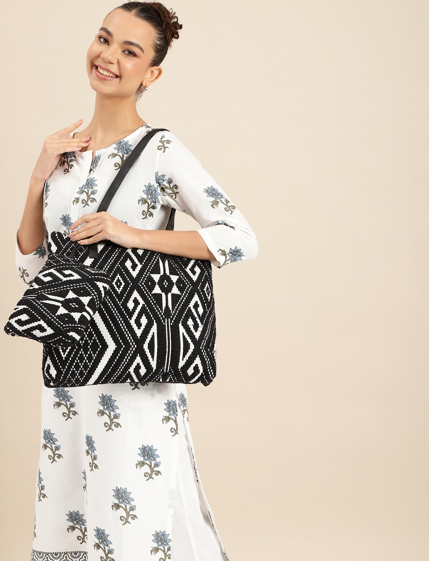 PRIMROSE Geometric Pattern Tote Bag with Matching Pouch, Black and White Print, Double Shoulder Straps