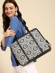PRIMROSE Floral Pattern Canvas Tote Bag, Black and White, Double Handle Shoulder Handbag