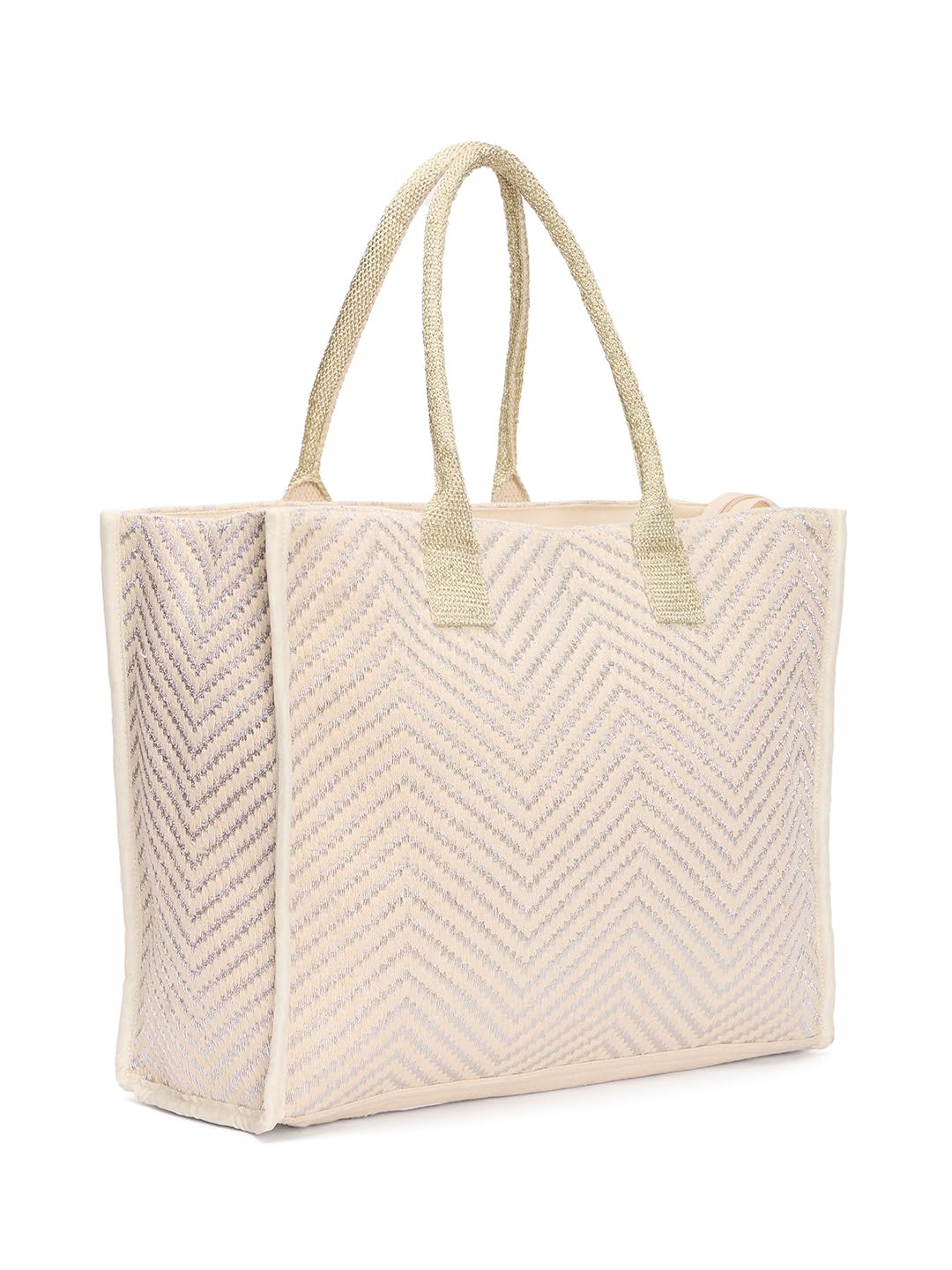 RIMROCK Canvas Tote Bag with Chevron Pattern, Beige and Silver, Double Handle, Large Size