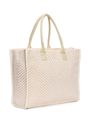 RIMROCK Canvas Tote Bag with Chevron Pattern, Beige and Silver, Double Handle, Large Size