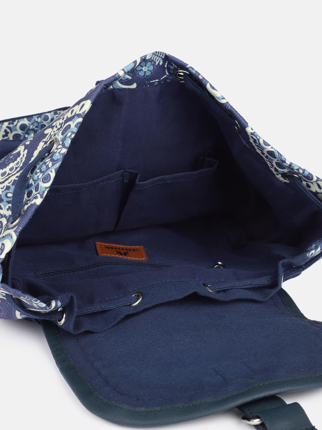 PRIMROSE Floral Canvas Backpack, Navy Blue with White Pattern, Double Buckle Front Pockets