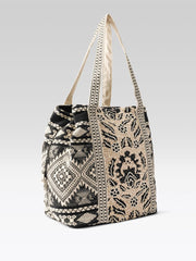 PRIMROSE Floral Pattern Canvas Tote Bag, Beige and Black, Geometric Print Straps