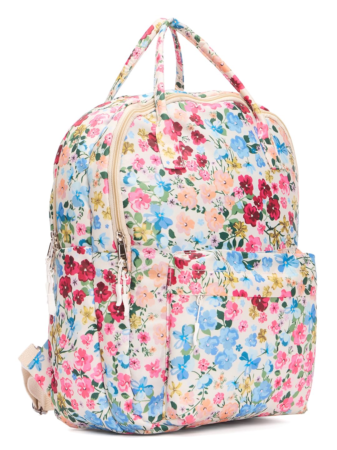 RIMROCK Floral Print Backpack, Multi-Pocket Design, Pink Blue Yellow Pattern, White Base