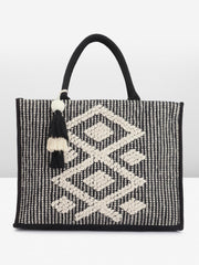 PRIMROSE Handmade Black and White Crochet Tote Bag with Tassels