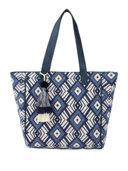 PRIMROSE Geometric Pattern Canvas Tote Bag, Navy Blue and White, Large Shoulder Bag with Decorative Tassels