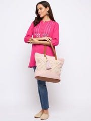 PRIMROSE Crochet Tote Bag with Tassel, Pink and Beige, PU Handles