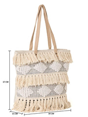 PRIMROSE Fringed Crochet Tote Bag with Shoulder Straps, Beige