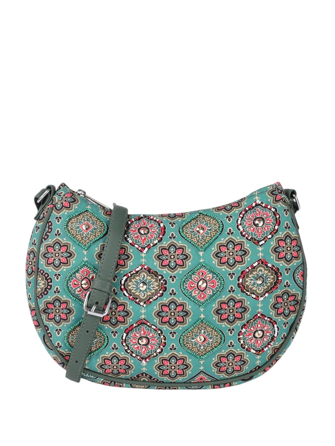 PRIMROSE Floral Pattern Crossbody Handbag, Turquoise with Pink Medallion Print, Adjustable Strap