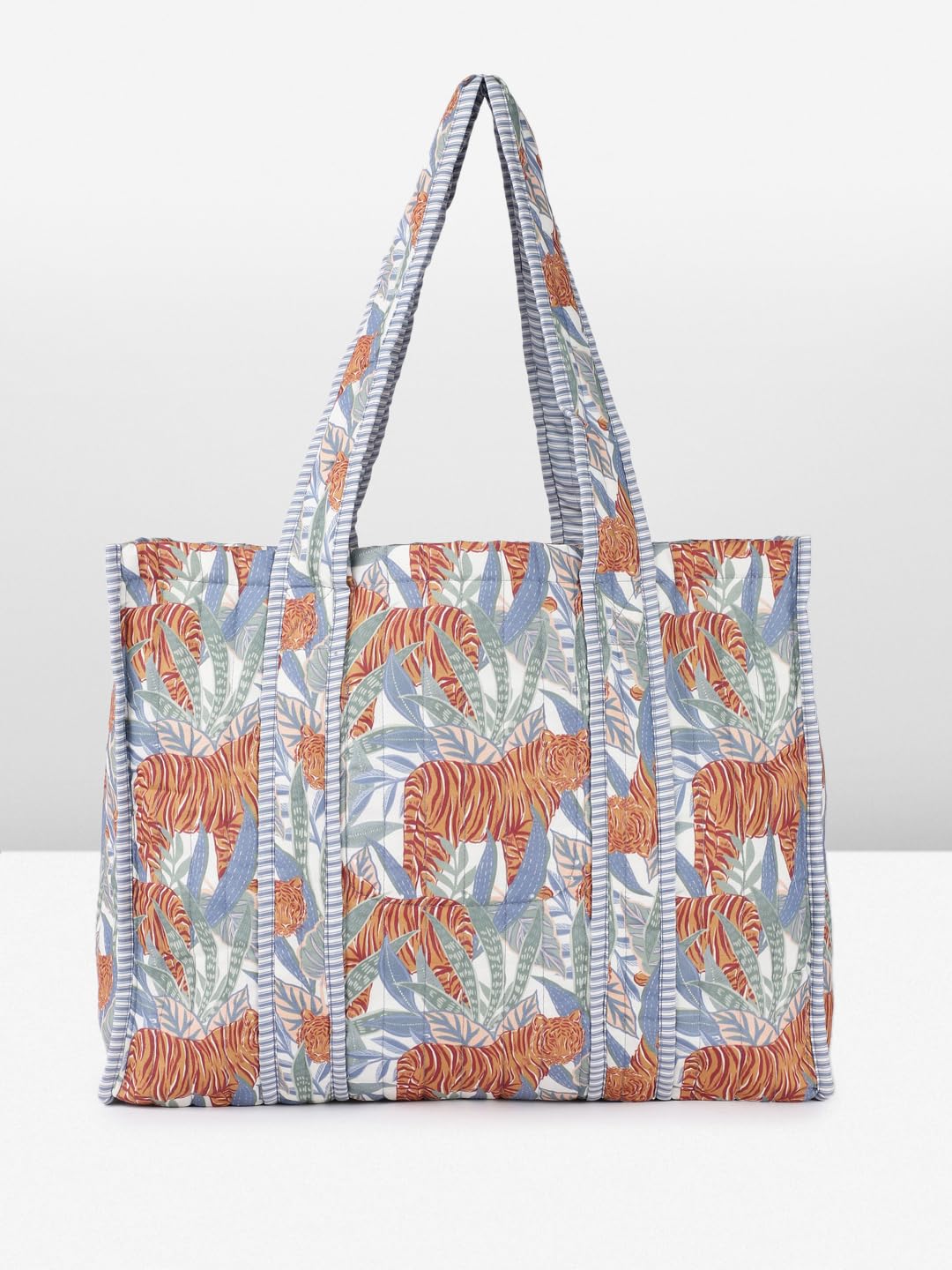 PRIMROSE Large Tropical Tiger Print Canvas Tote Bag, Blue and Orange Floral Pattern, Striped Trim
