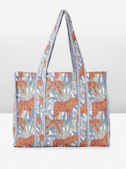 PRIMROSE Large Tropical Tiger Print Canvas Tote Bag, Blue and Orange Floral Pattern, Striped Trim