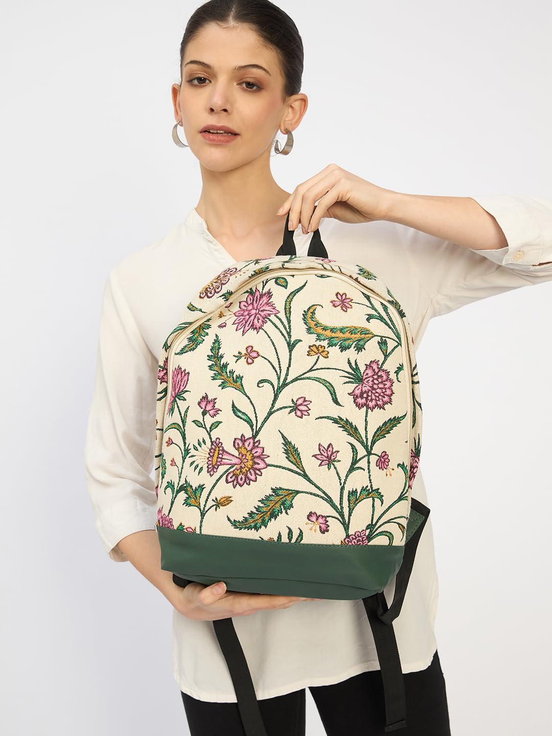 RIMROCK Floral Canvas Backpack with Pink Flowers and Green Leaves, Cream Base, Black Straps