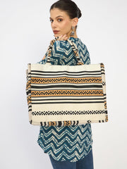 RIMROCK Boho Canvas Tote Bag, Geometric Tribal Pattern, Black White and Tan Stripes