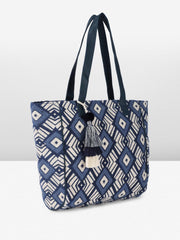 PRIMROSE Geometric Pattern Canvas Tote Bag, Navy Blue and White, Large Shoulder Bag with Decorative Tassels